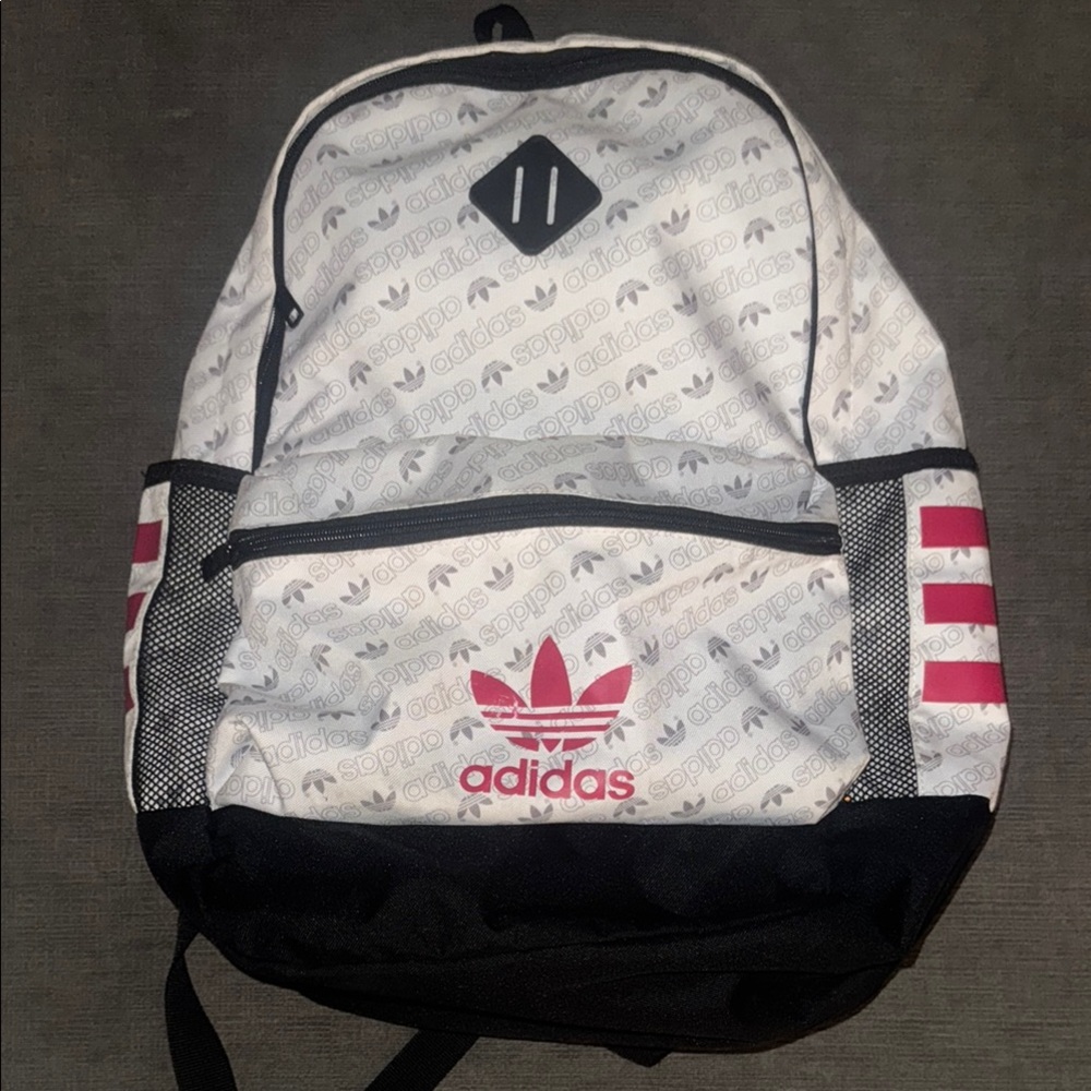 adidas White and Black Backpack with Trefoil Logo and Compartments